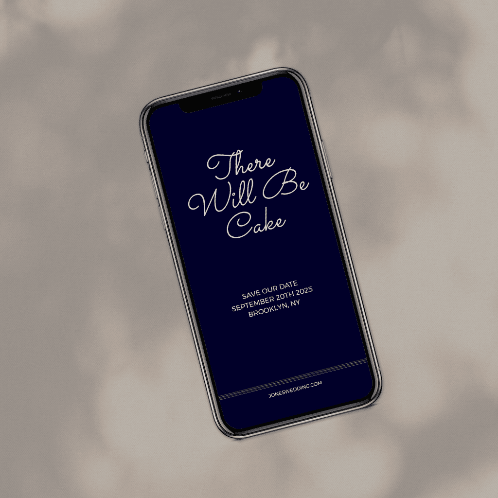 photo of a phone with "there will be cake" written in white text with a navy background