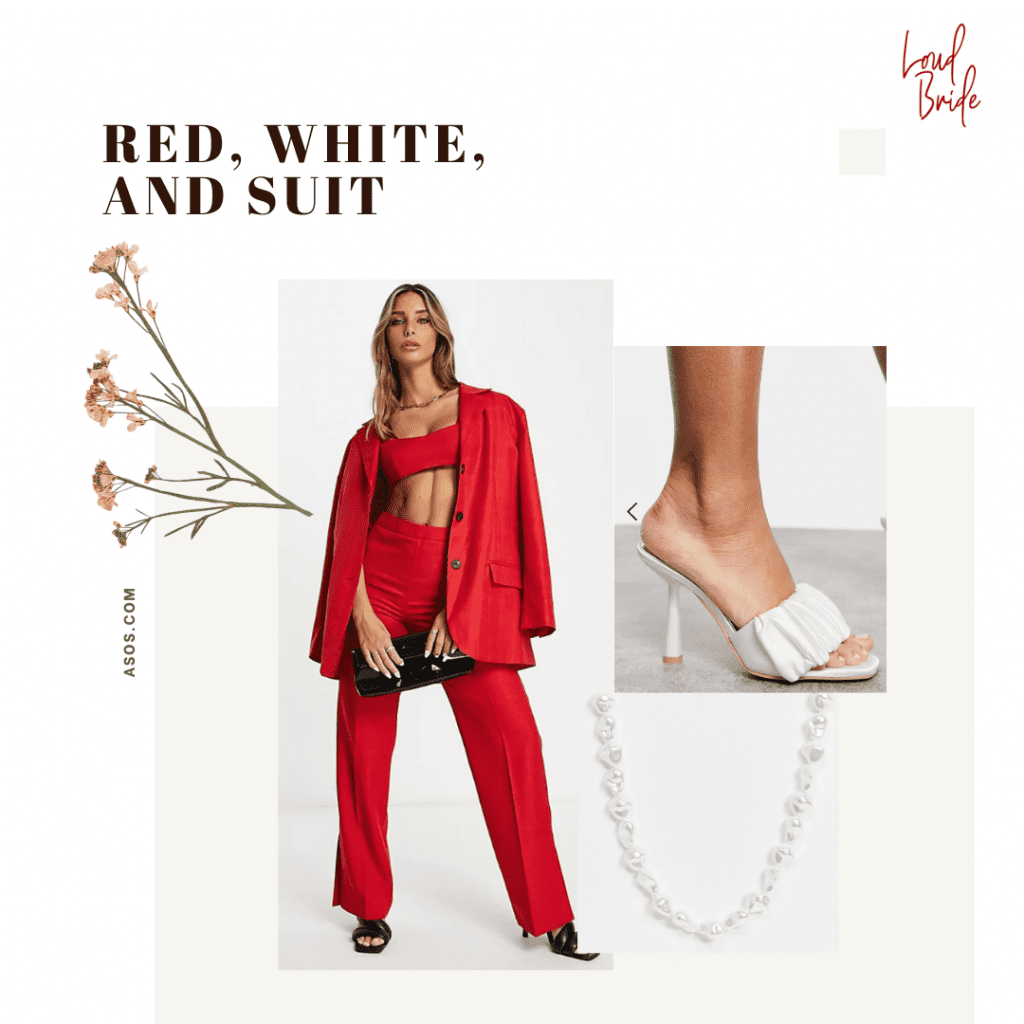 collage of red suit, ruched white heels and pearls from asos