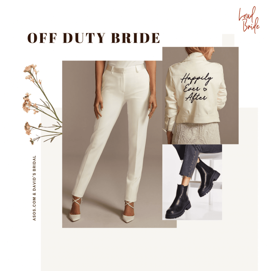 collage of white suit pants and happily ever after moto jacket from david's bridal with lug sole boots from asos