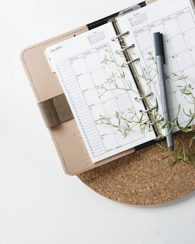 planner on a cork board and white background with a pen and greenery branch
