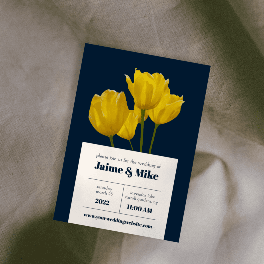 navy blue and yellow tulip wedding invitation