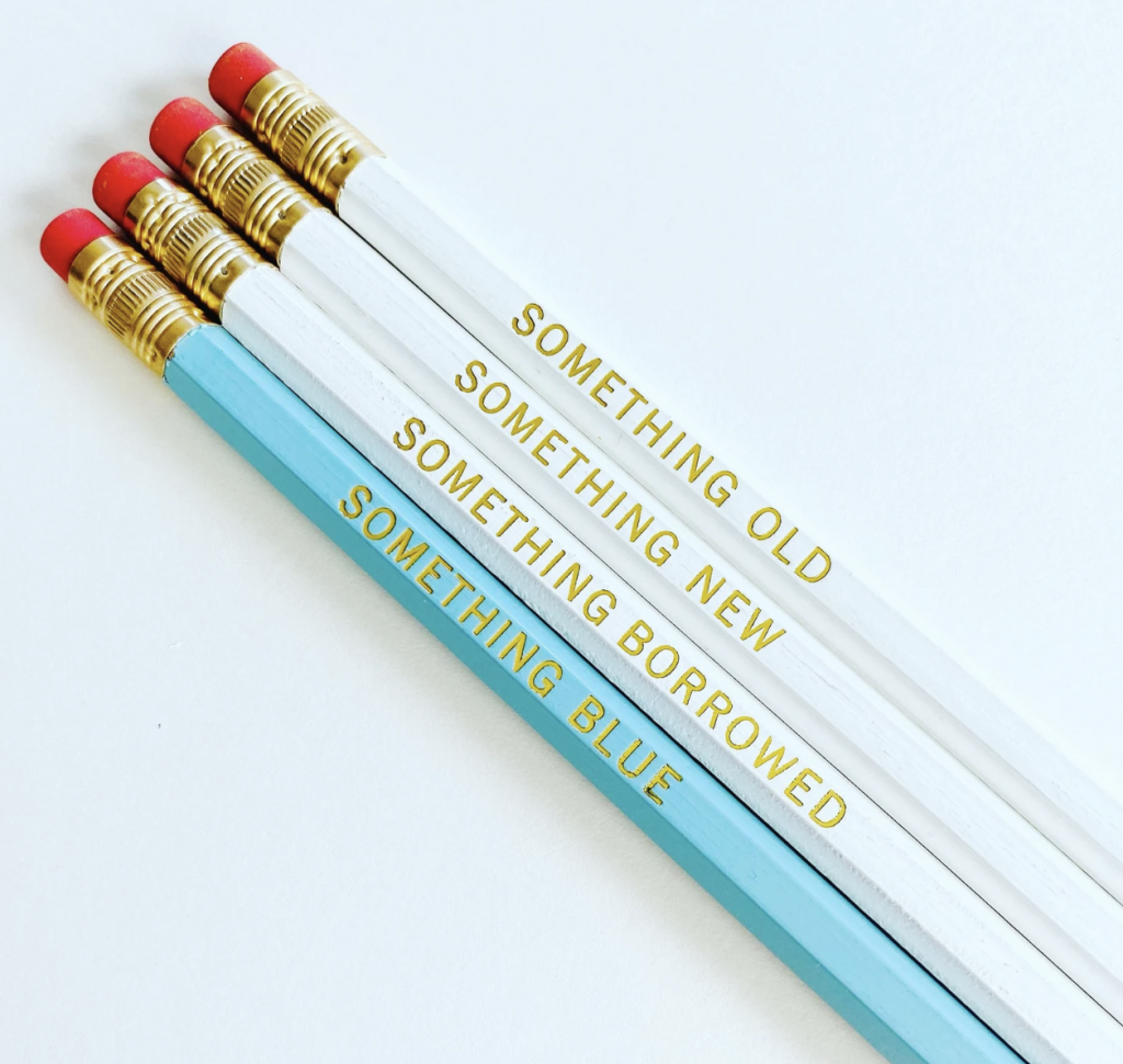 a group of pencils that say "something old, something new, something borrowed, something blue"