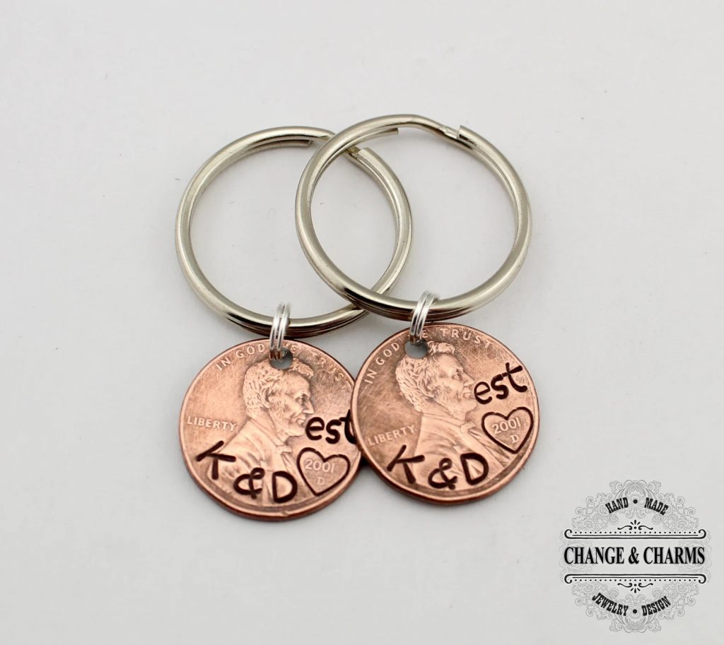 a penny key chain with a couple's initials engraved