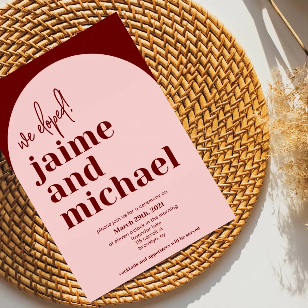 blush and burgundy elopement announcement that says "we eloped!"