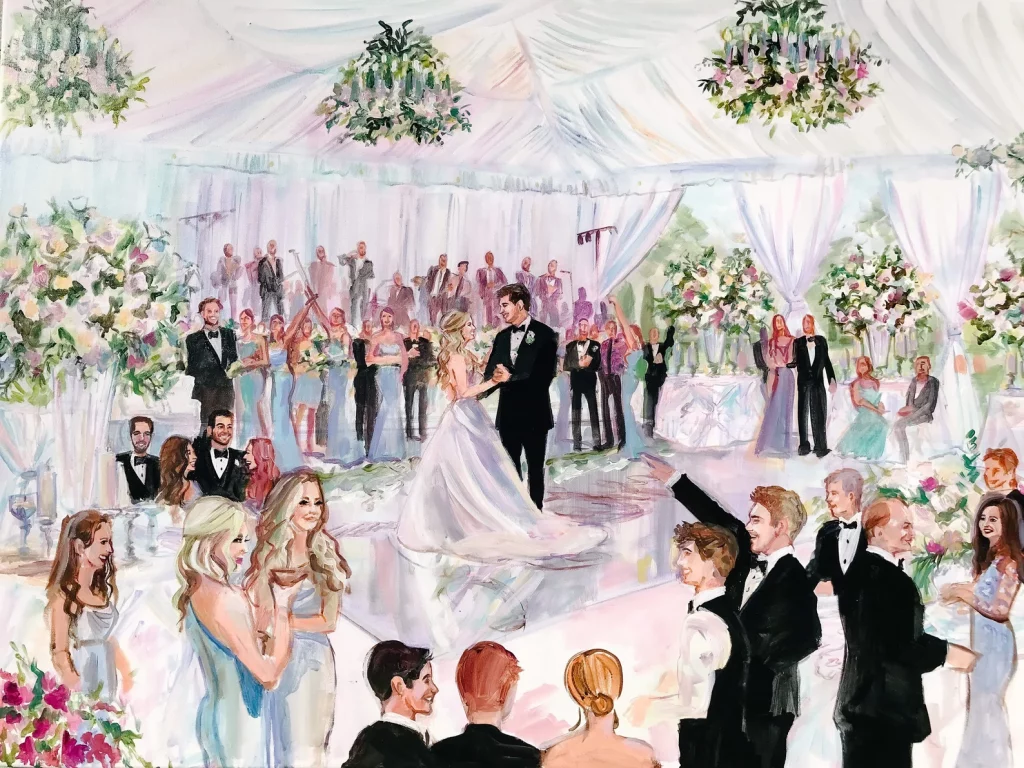 large-scale acrylic wedding painting of a bride and groom dancing with guests and flowers all around underneath a tent