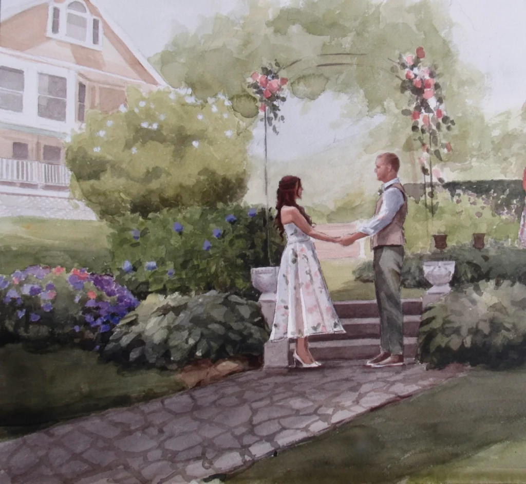 watercolor painting of a bride and groom getting married in a garden