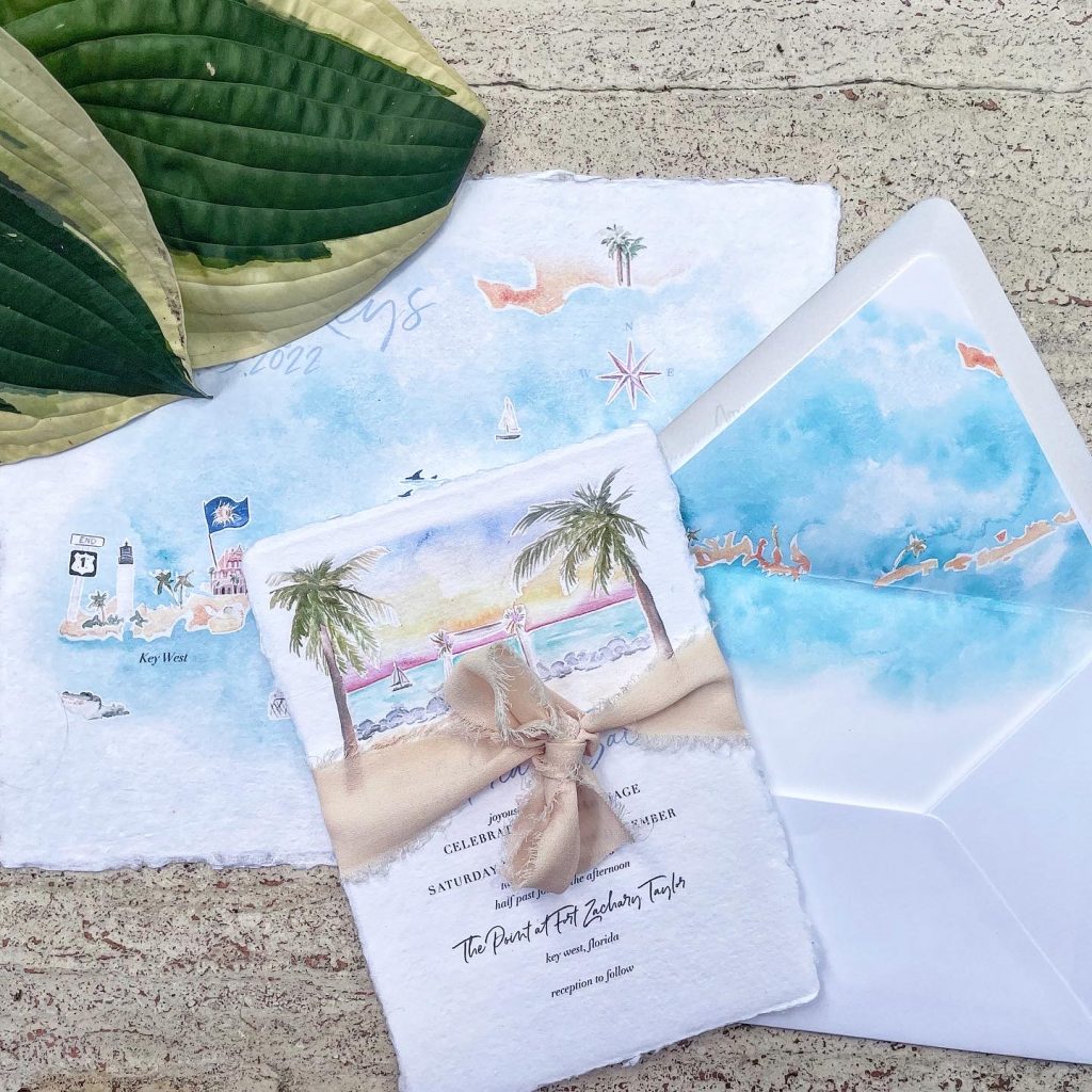 tropical watercolor wedding invitations with ribbon