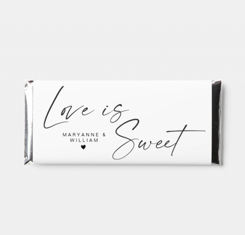 chocolate bar with custom wrapper that says "love is sweet"