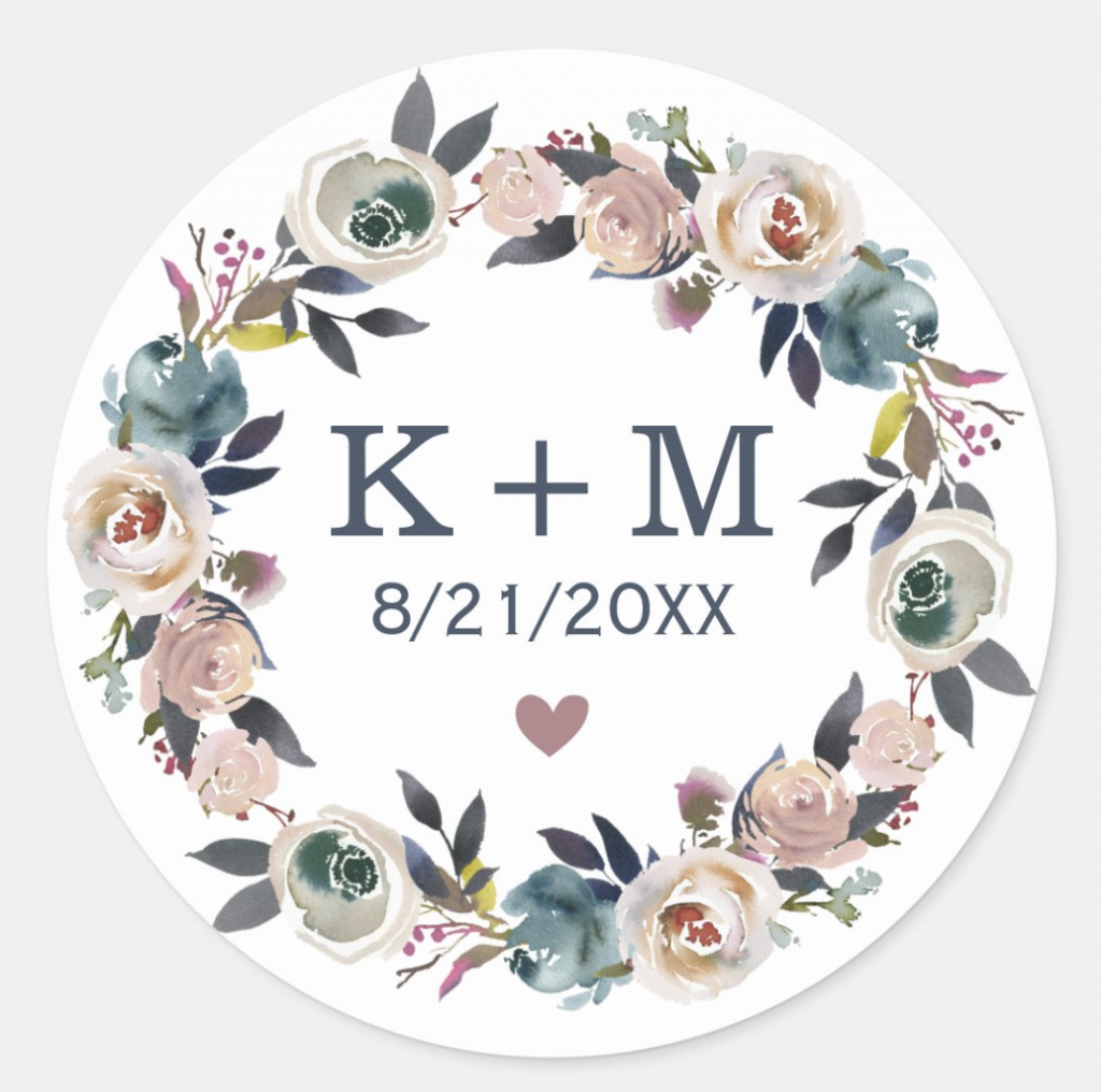 round sticker that says "K+M 8/21/20xx"