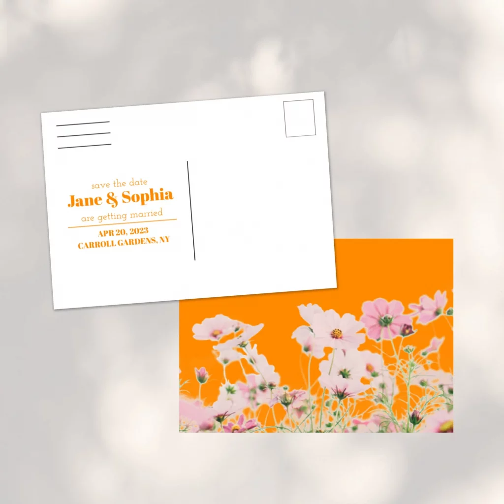 front and back of a post card save the date with bright orange and pink floral design